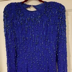 Vintage Destinee Beaded 100% Silk/Rayon Shoulder Pads Dress Royal Blue Size 10